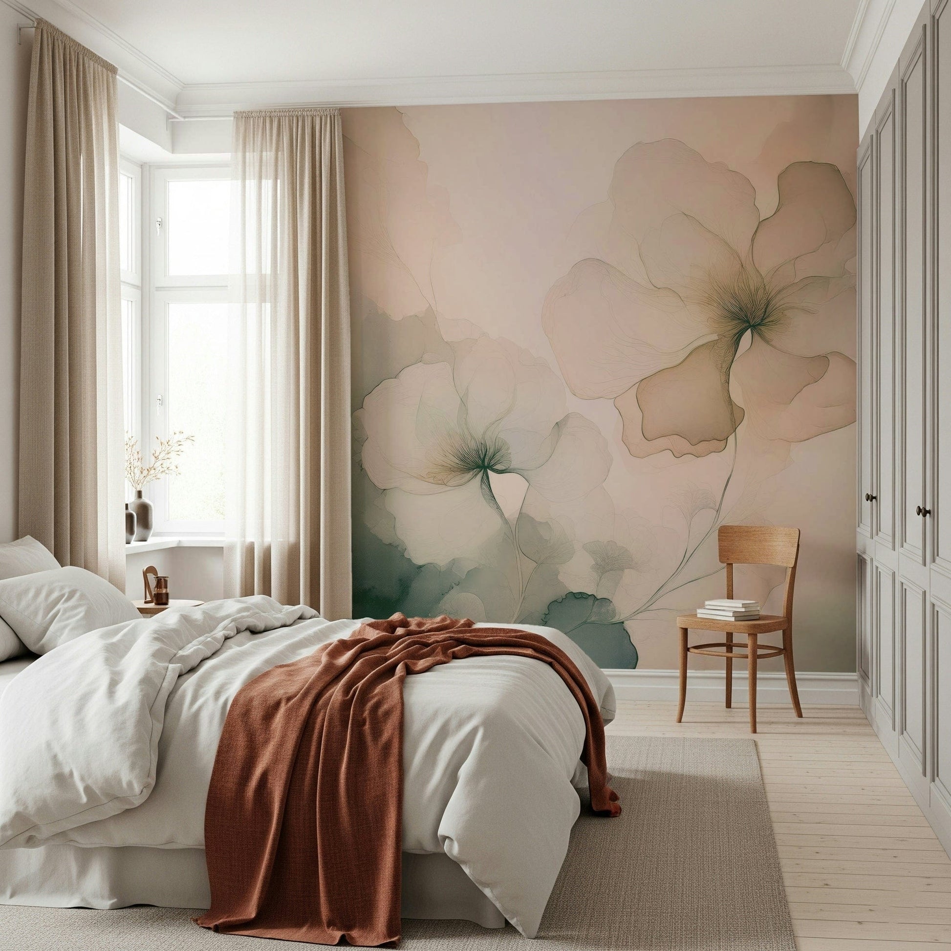 Soft Whispering Petals mural adding a touch of romance and serenity with delicate floral detailing.