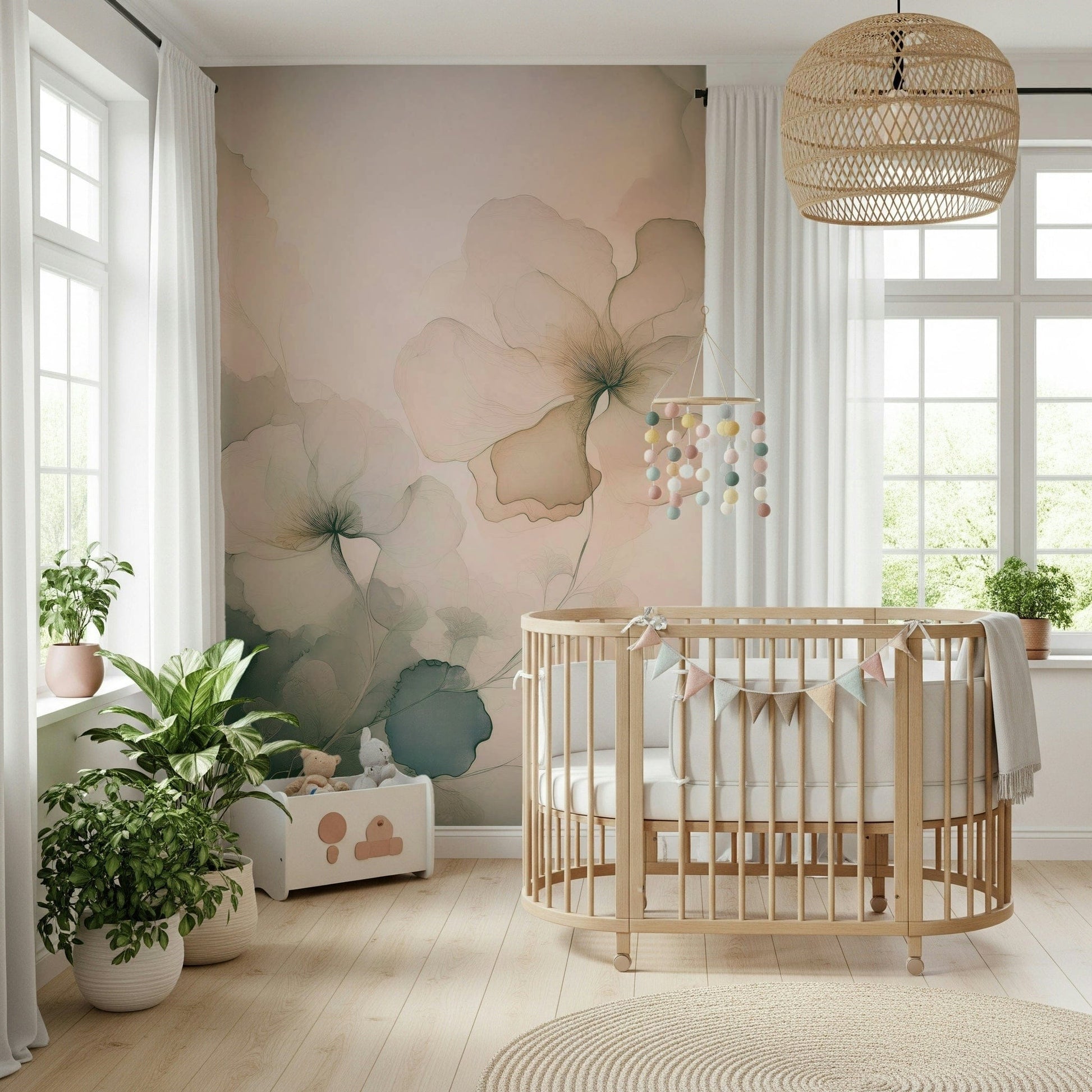 Ethereal floral wall mural featuring subtle pastel petals drifting across a misty background.