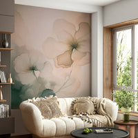 Romantic mural showcasing soft, flowing petals in airy pastels for tranquil interior décor.