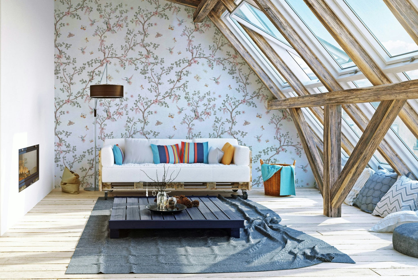 Hummingbirds Chinoiserie garden mural for a bedroom.

