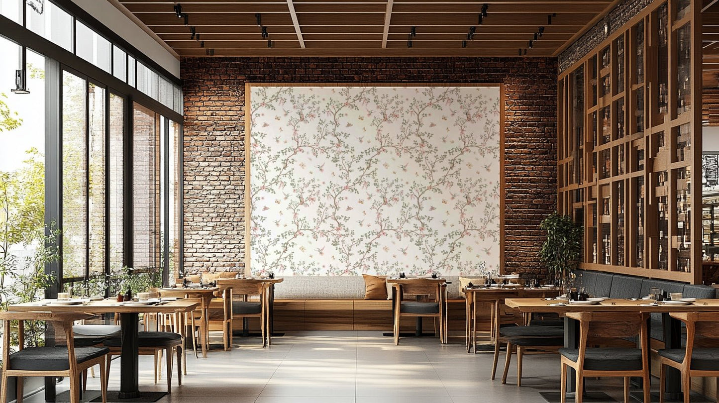 Wall mural with an elegant Chinoiserie-style bird and floral design.

