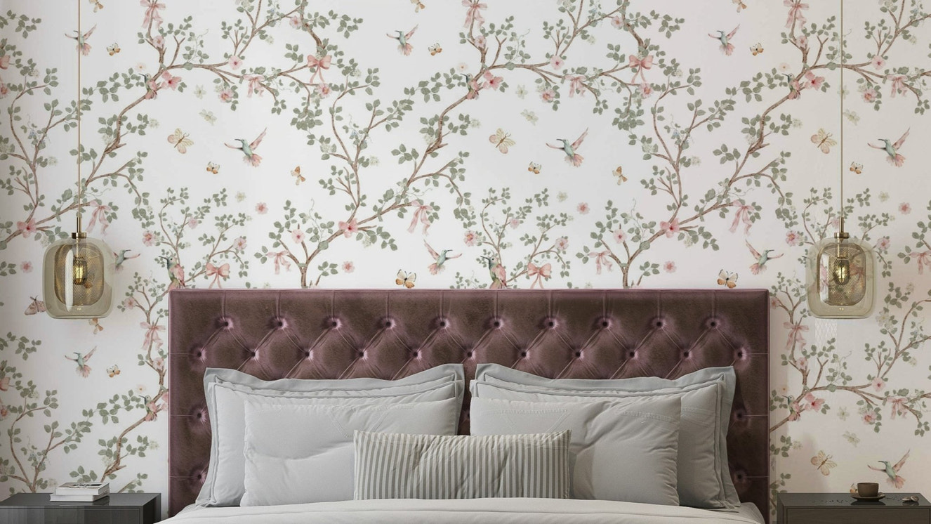 Floral Whispers Hummingbirds Chinoiserie Garden Wallpaper.

