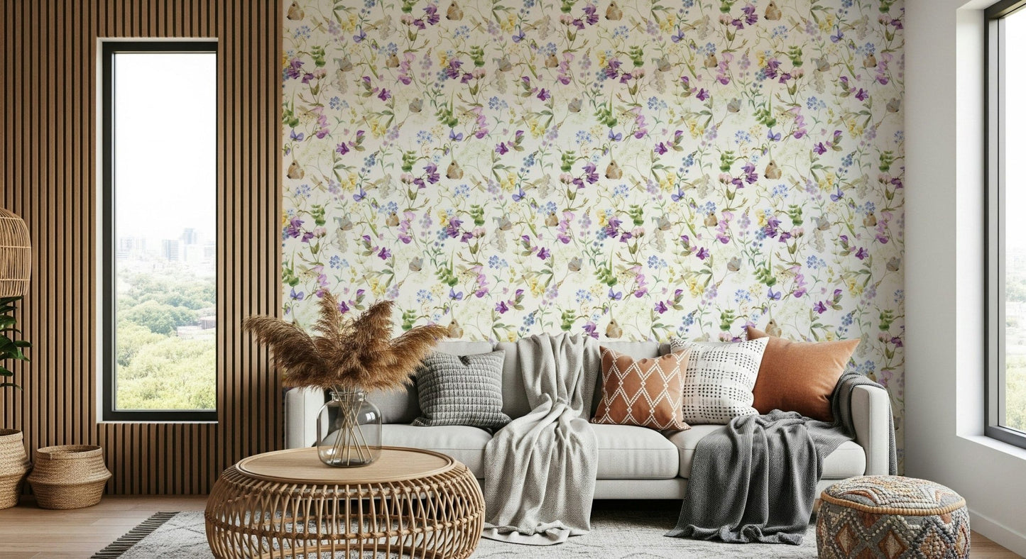 Lovely Floral Whispers periwinkle illustration wall mural.