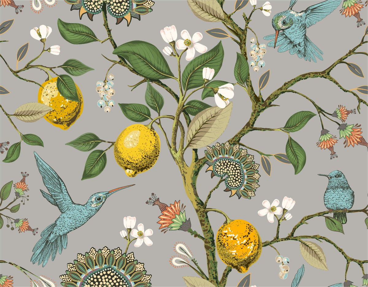 Lemon Tree & Birds Wallpaper Mural in your room — zoomed