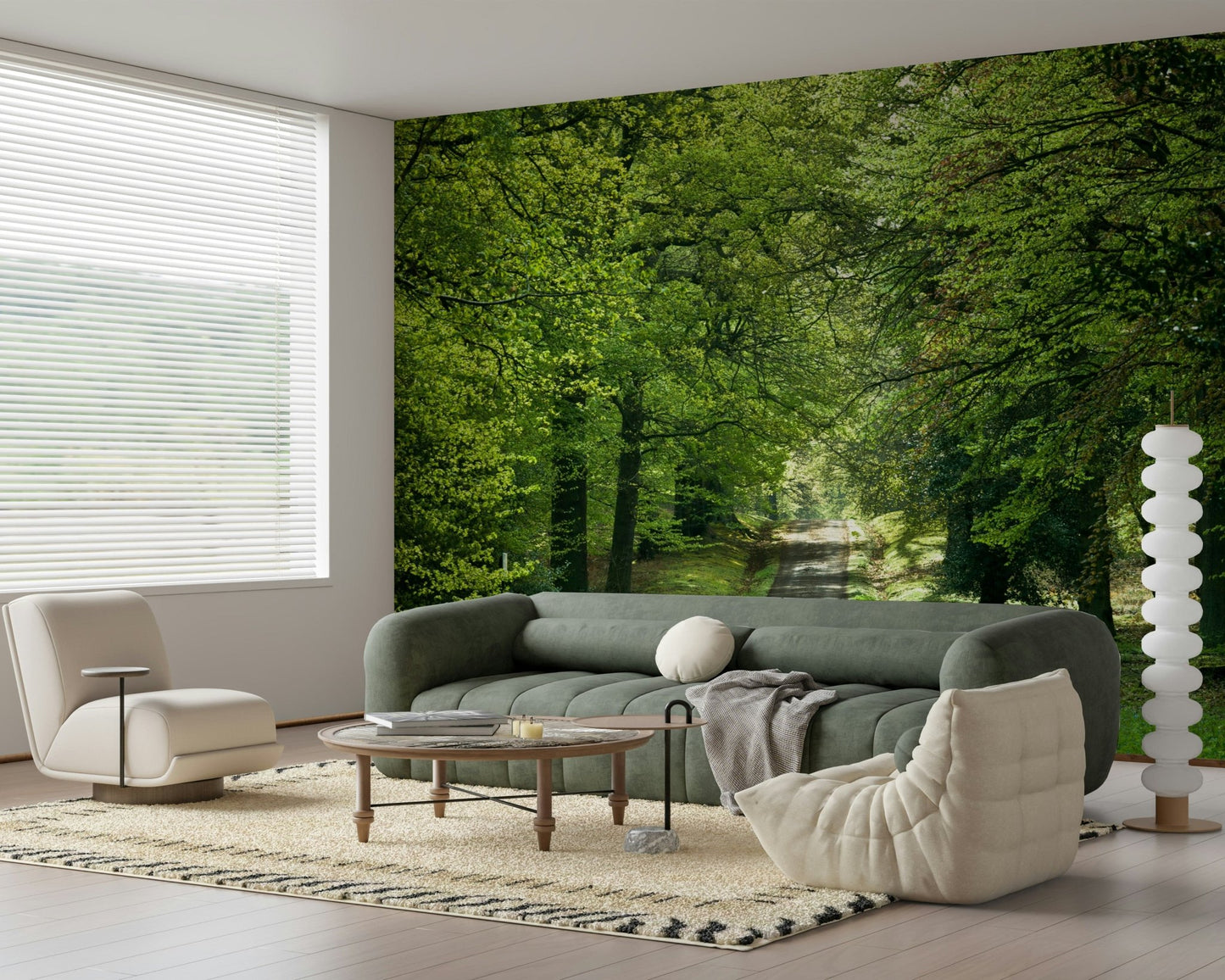 Tree lined road wall mural with fresh leaves