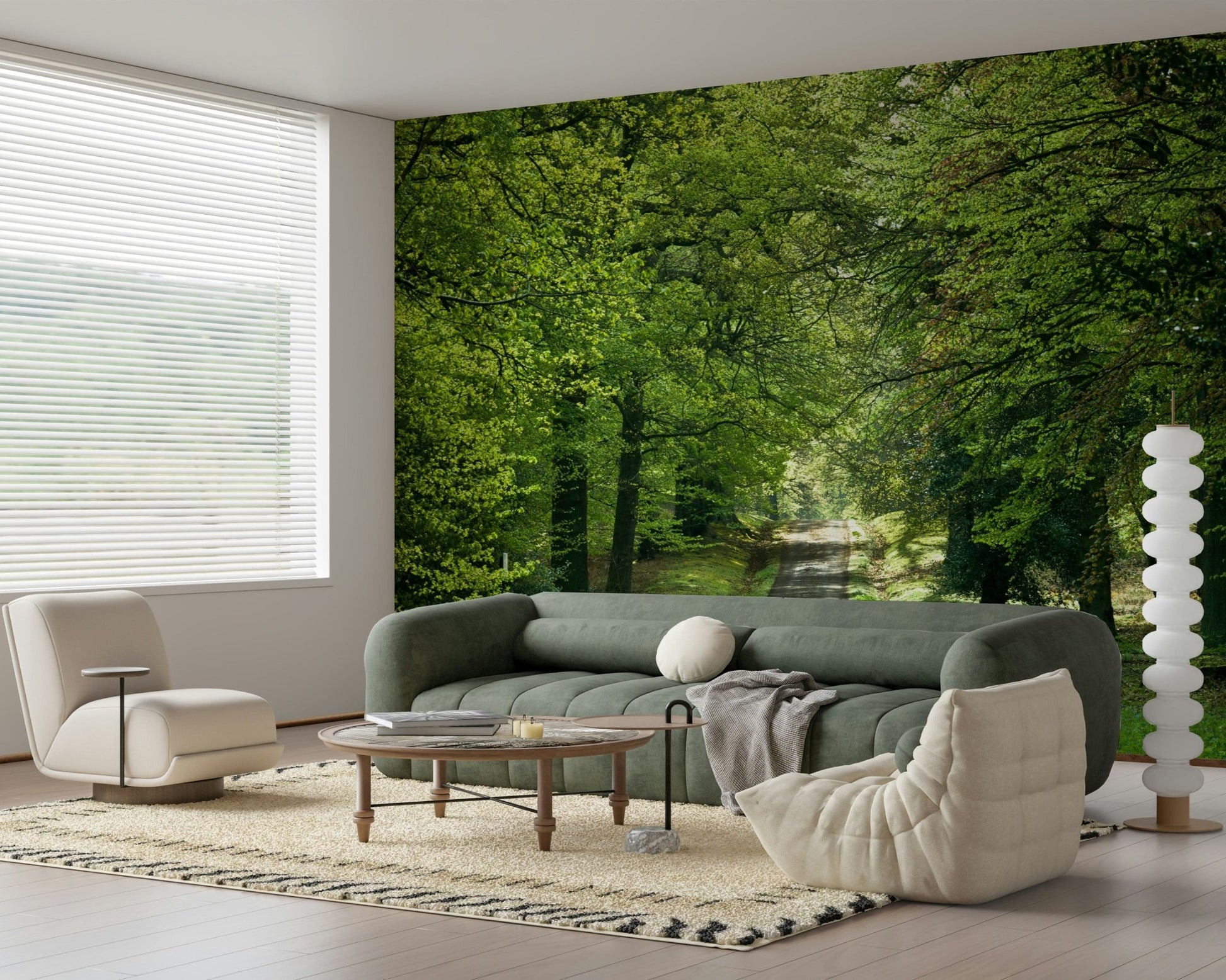 Tree lined road wall mural with fresh leaves