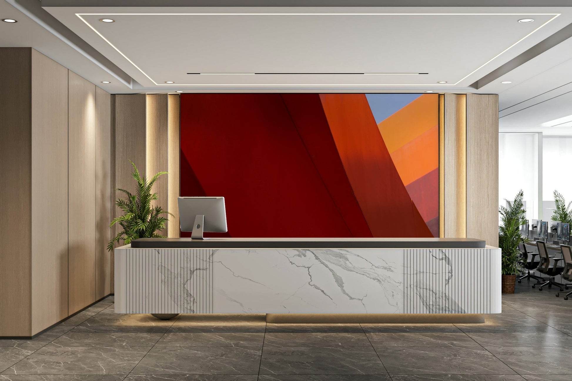 A calming abstract design wallpaper mural that defines a space.

