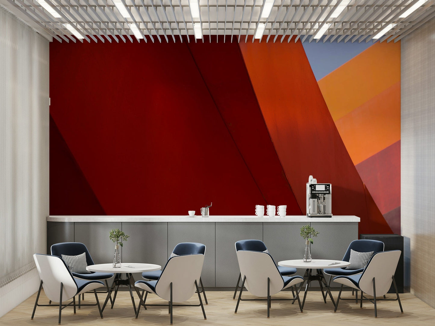 An artistic fluid design mural on minimalist wallpaper.

