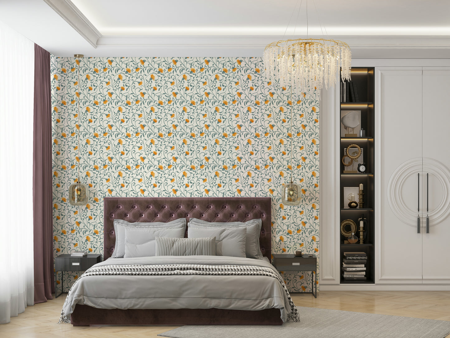 Flowing flower motif wallpaper for peaceful bedrooms

