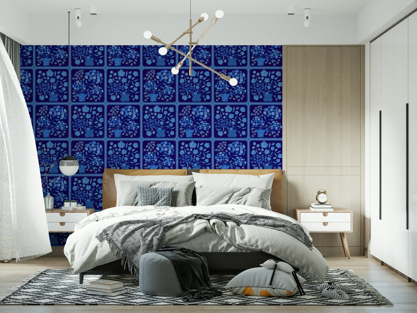 Dining room wall covered in bouquet tile wallpaper
