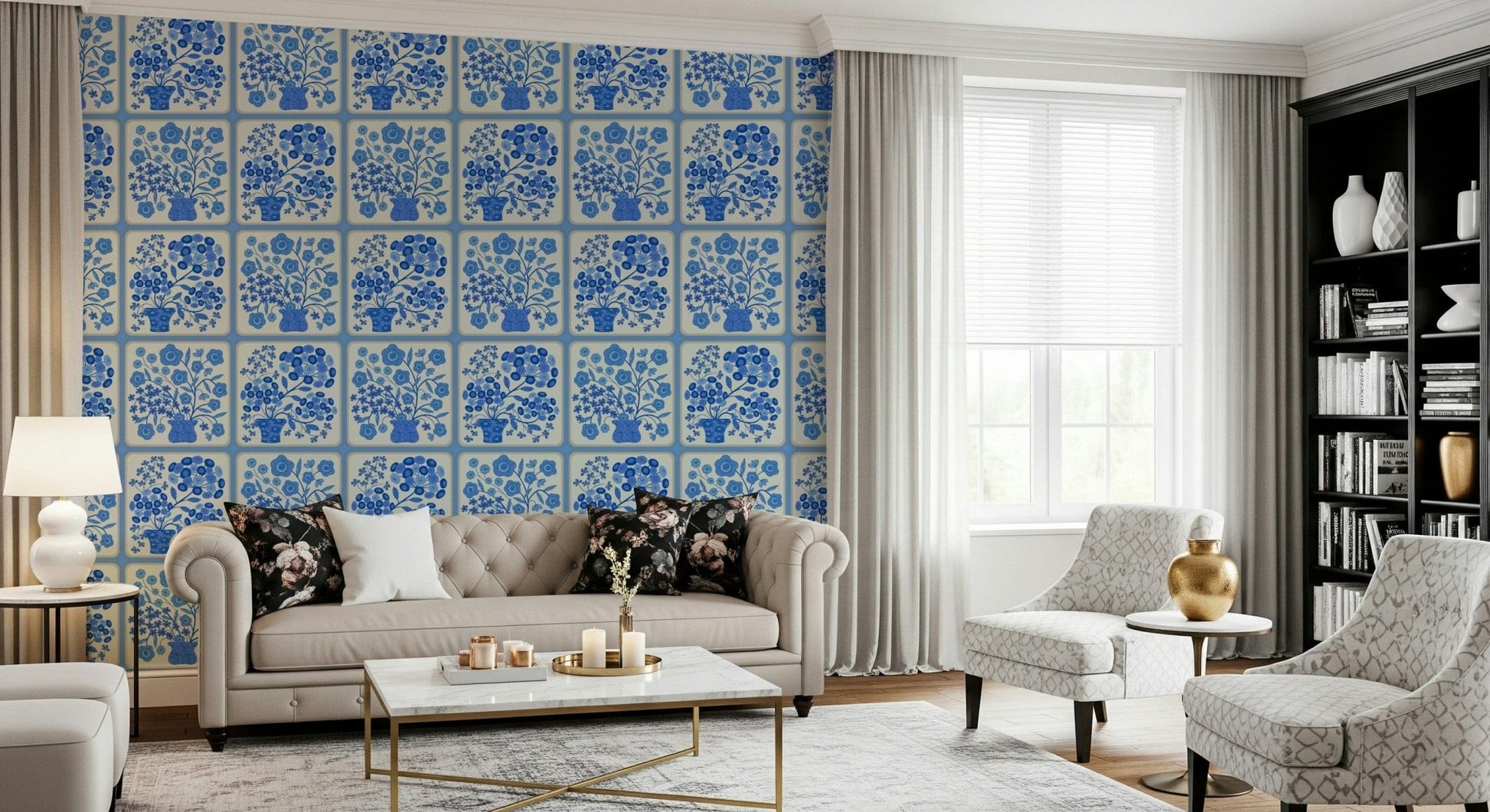 Classic delft-style bouquet tiles wallpaper in hallway feature wall, bright white base
