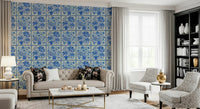 Classic delft-style bouquet tiles wallpaper in hallway feature wall, bright white base