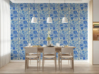 Blue and white floral tile mural for office kitchenette wall decor, neat grid layout
