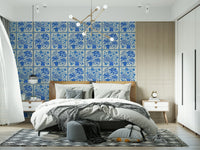 Delft blue floral tile wallpaper for breakfast corner, soft bouquet motifs in blue