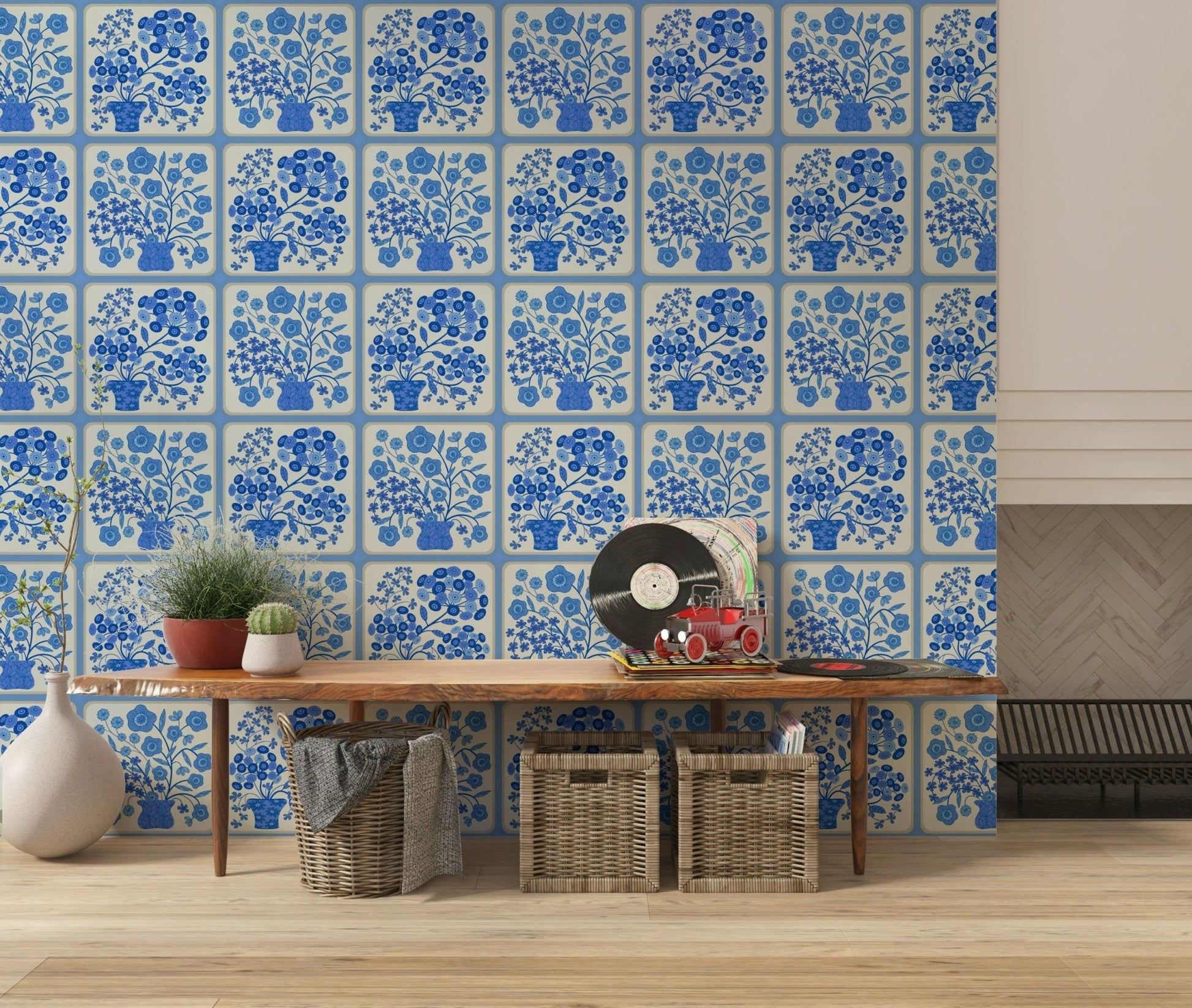 Flower Bouquet Tiles Floral Light Delft Blue and White Wallpaper⁠ on powder room wall