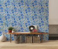 Flower Bouquet Tiles Floral Light Delft Blue and White Wallpaper⁠ on powder room wall
