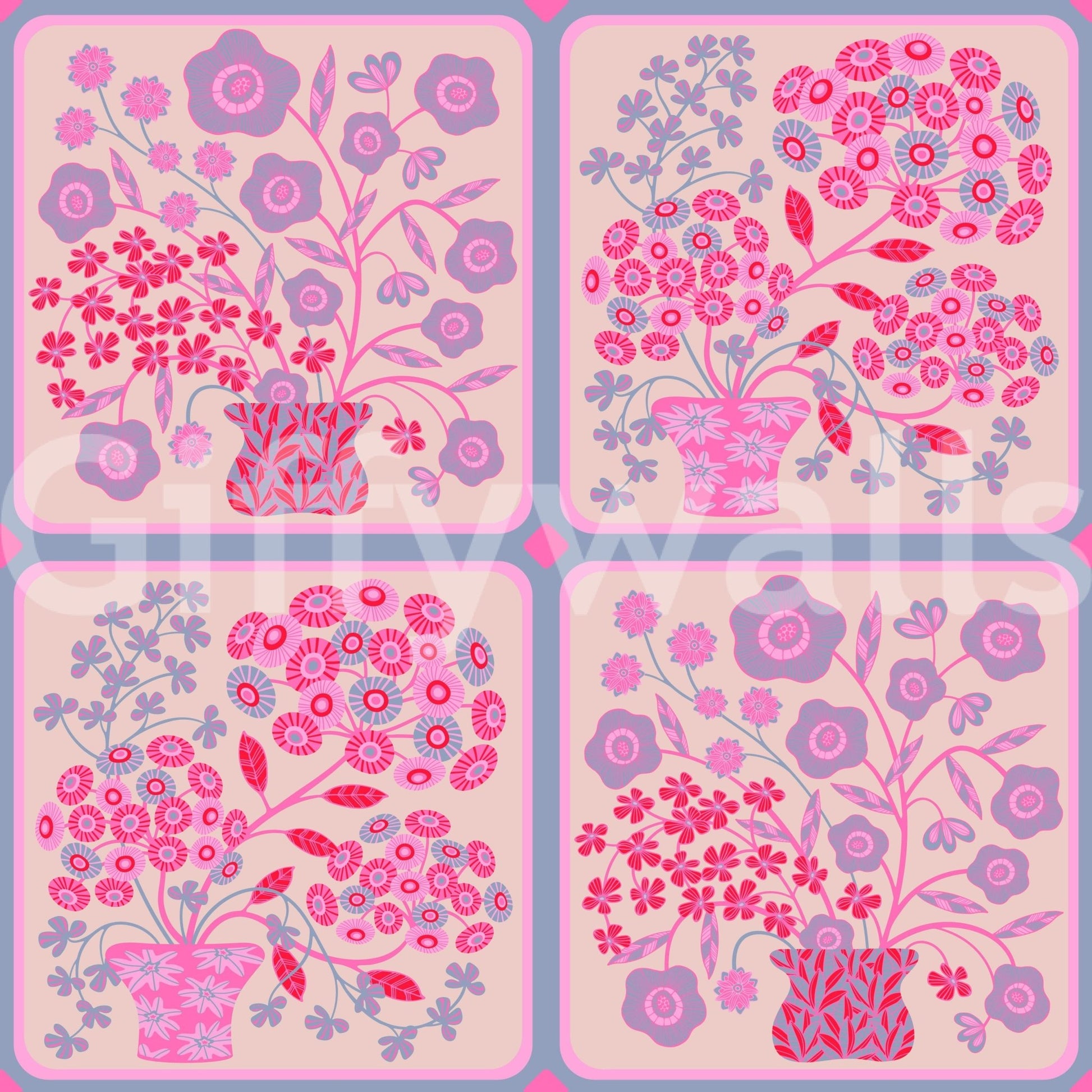 Pretty pink and fuchsia floral wallpaper in a bright flat lounge.