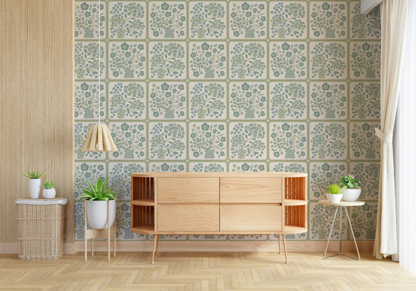 Sophisticated sage green wall decor for a bright mudroom feature wall.