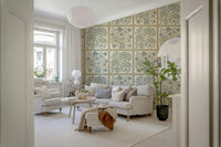 Modern bedroom suite featuring a colorful tile pattern accent wall.