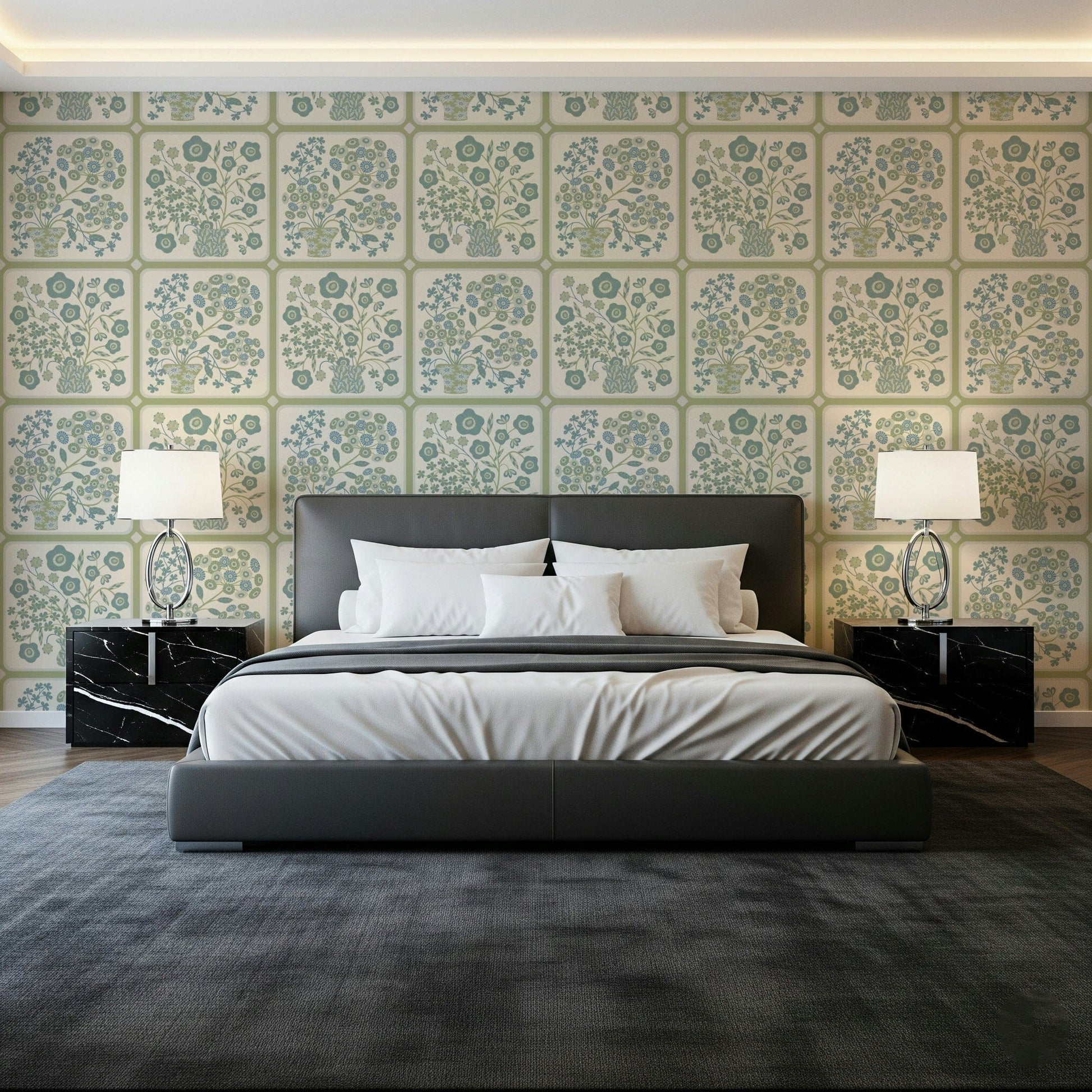 Large scale floral tile wall decor behind a mid-century modern vanity.