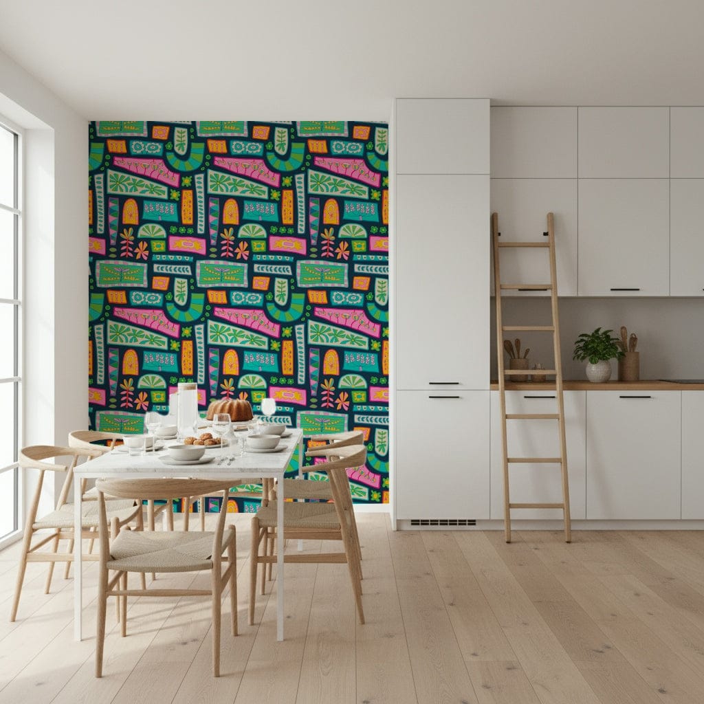 A lively mod wallpaper showcasing bright pink, teal, yellow, and green floral patch designs.
