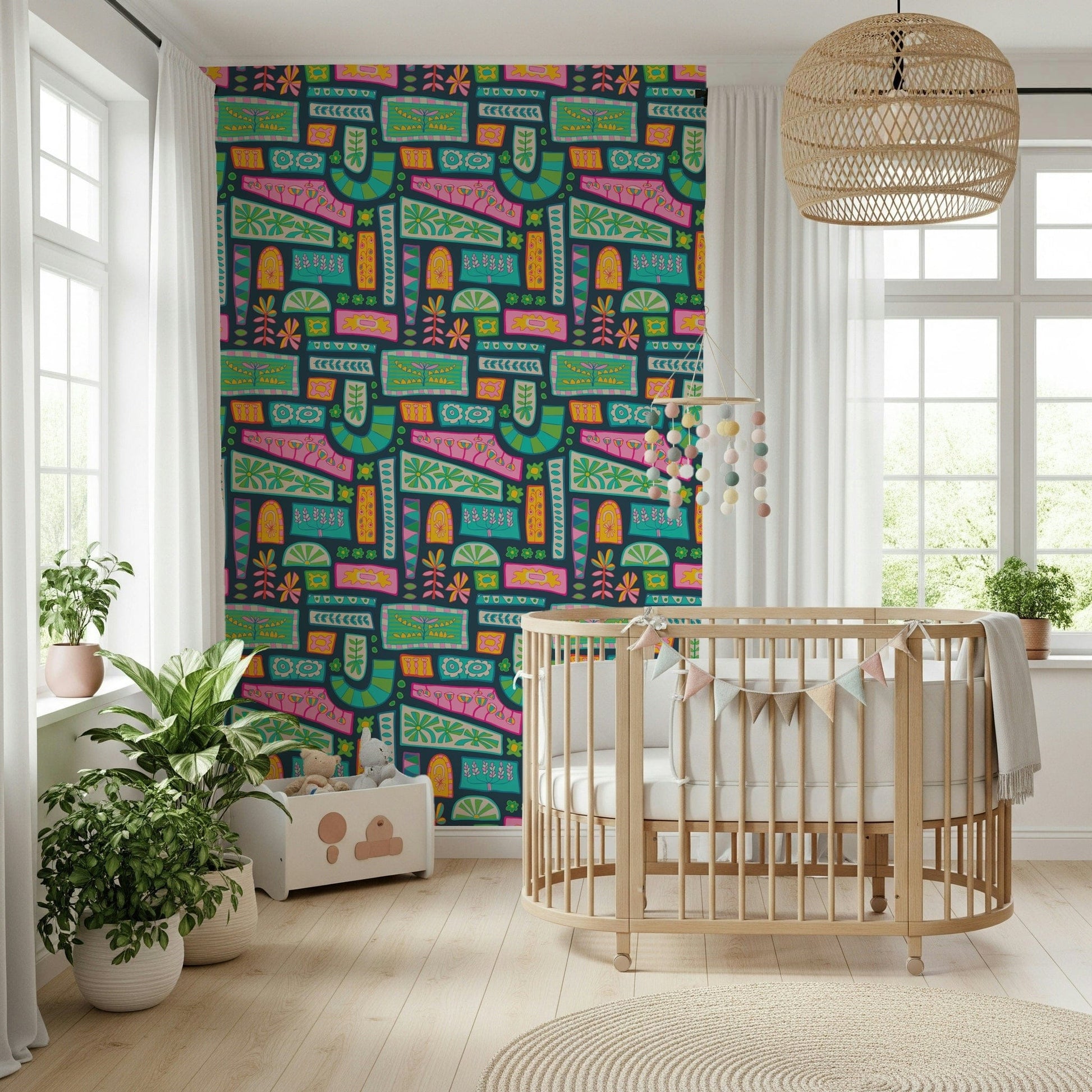 A playful patchwork wallpaper with mixed floral motifs and rainbow-bright shapes on a dark background.
