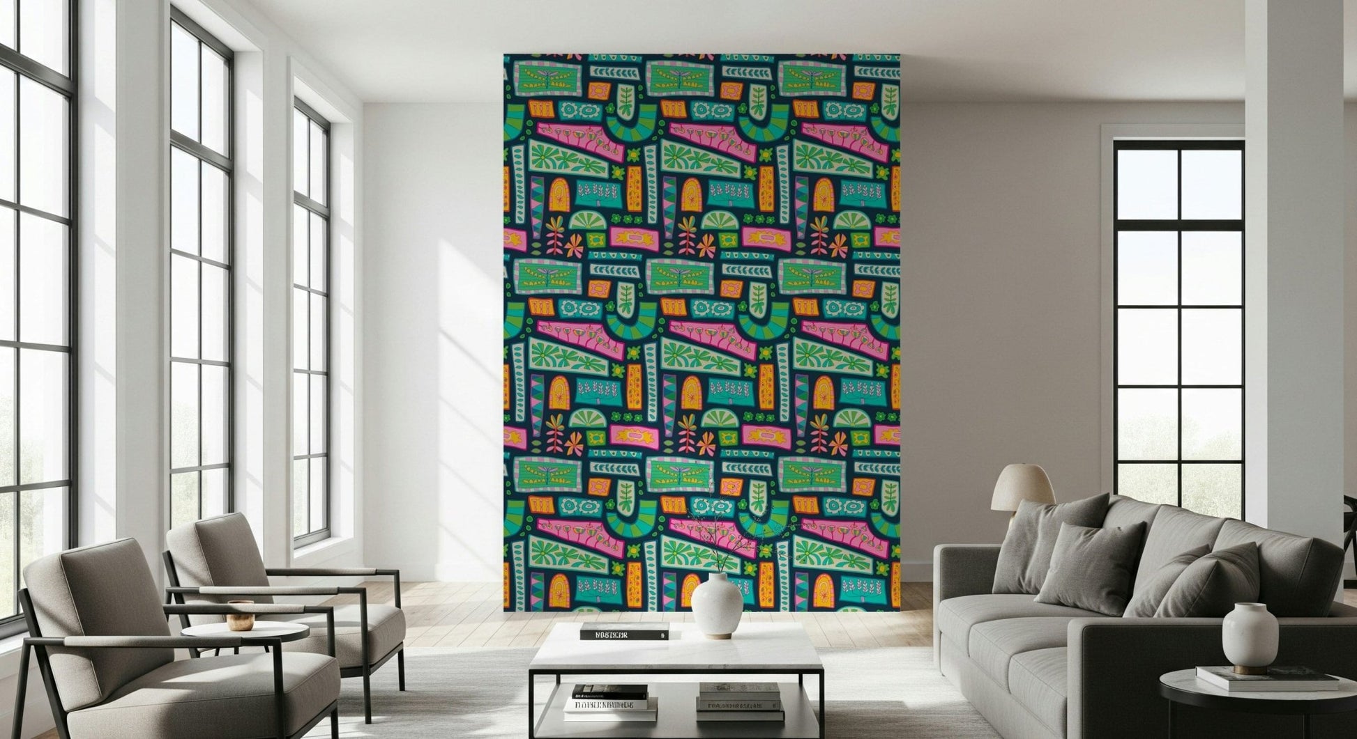 A multicolored wallpaper with whimsical floral tiles arranged in a vibrant boho patchwork layout.
