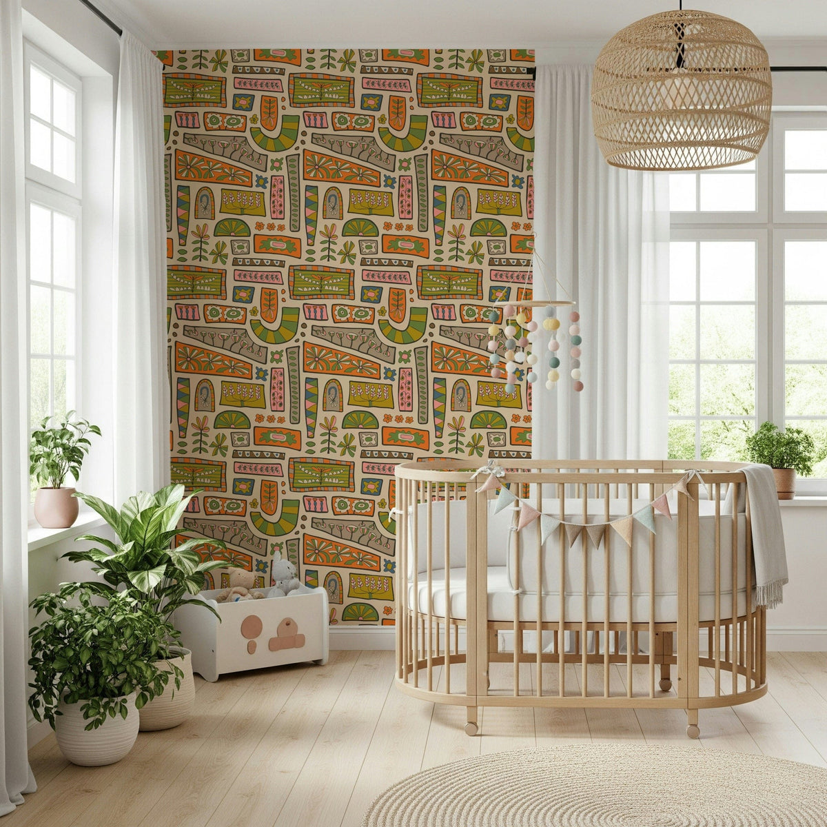 Boho patchwork wallpaper combining warm earth colors with whimsical flower and leaf illustrations.