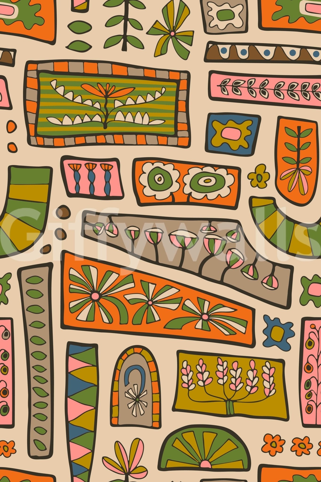 Retro earth-tone blocks with flowers, symbols, and geometric shapes forming a lively patchwork wallpaper.