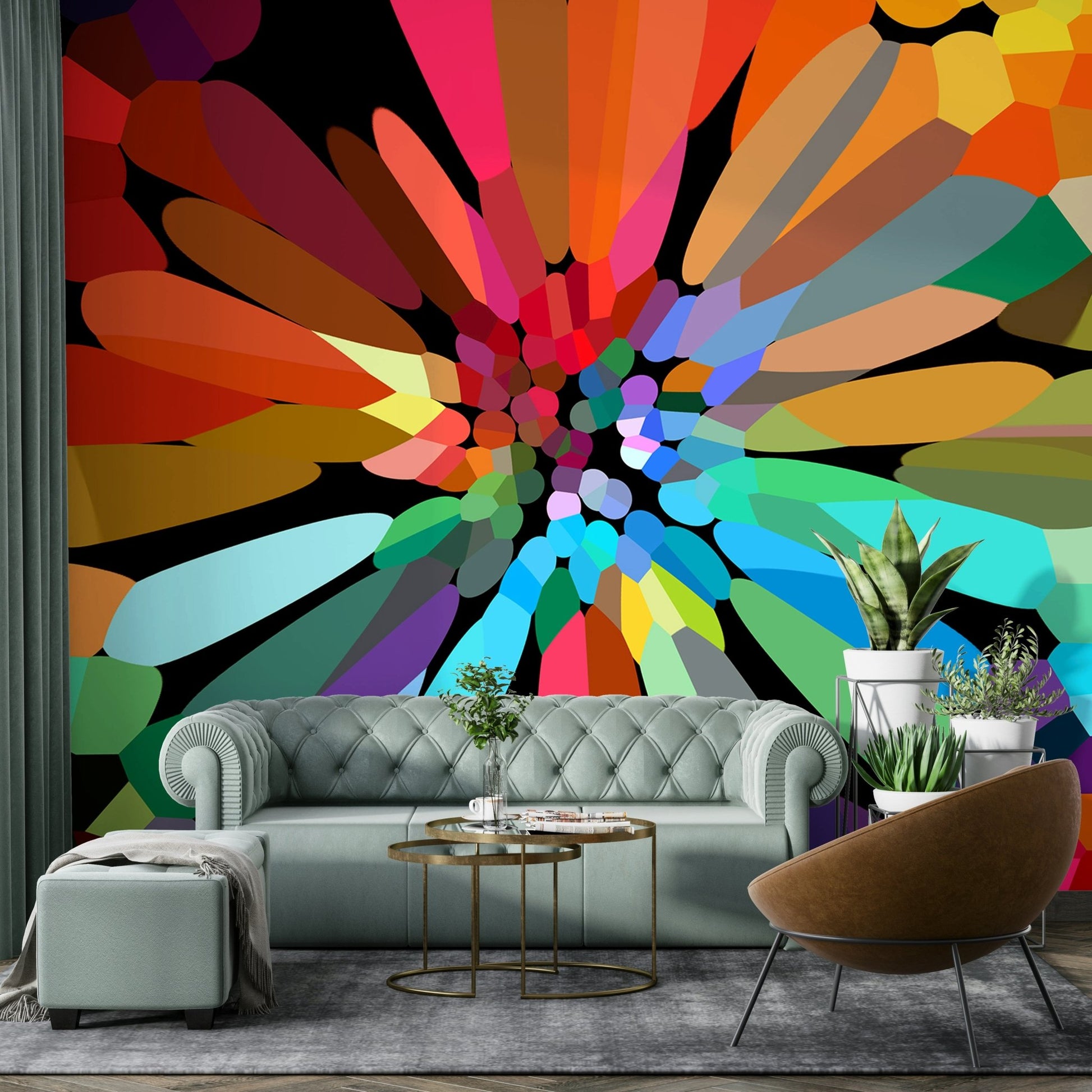 Romantic bedroom with watercolor flower mural

