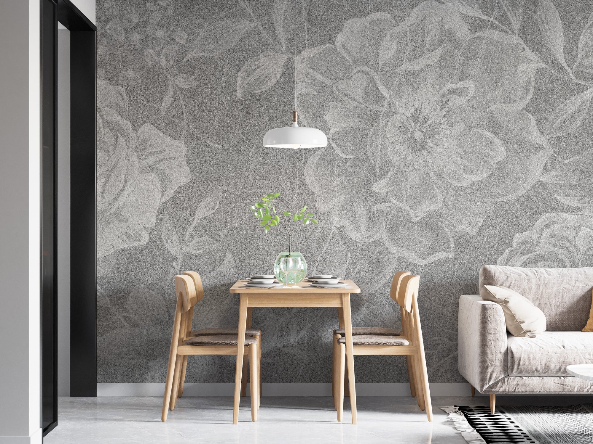 Flowers with old white Wall wallpaper in grey floral line art behind a small wood dining table and pendant lamp