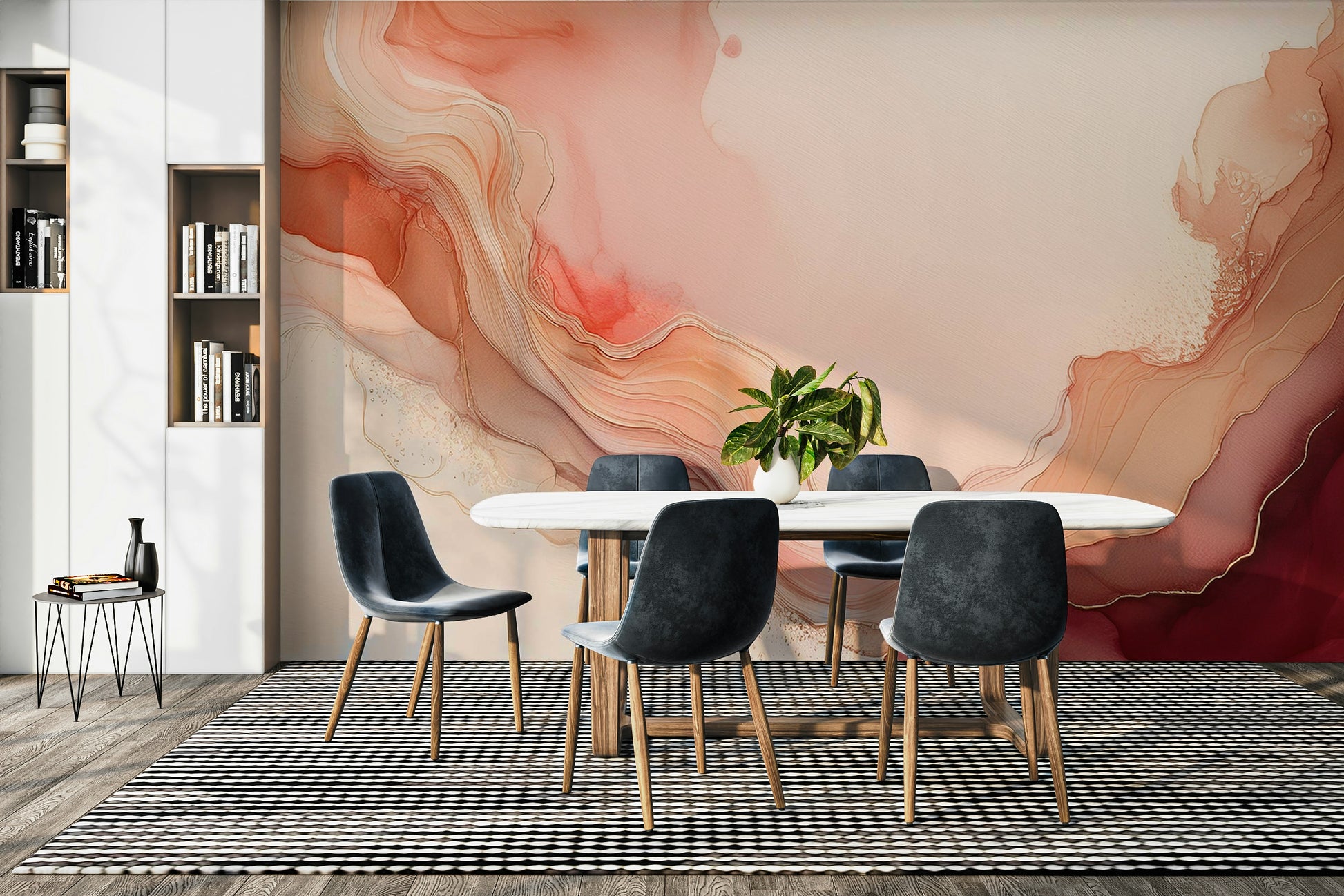 Flowing Coral Dreams Wall Mural in a minimalist home office.