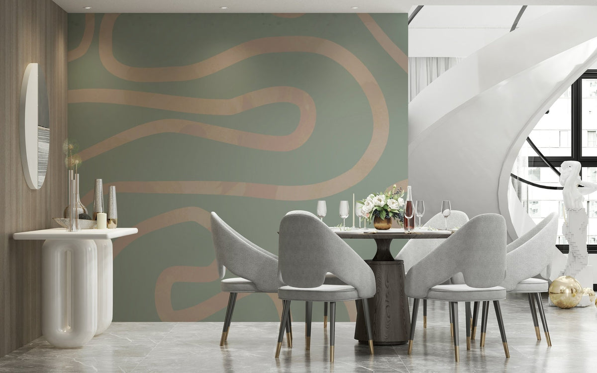 Soft green color meandering line wall mural serene aesthetic.