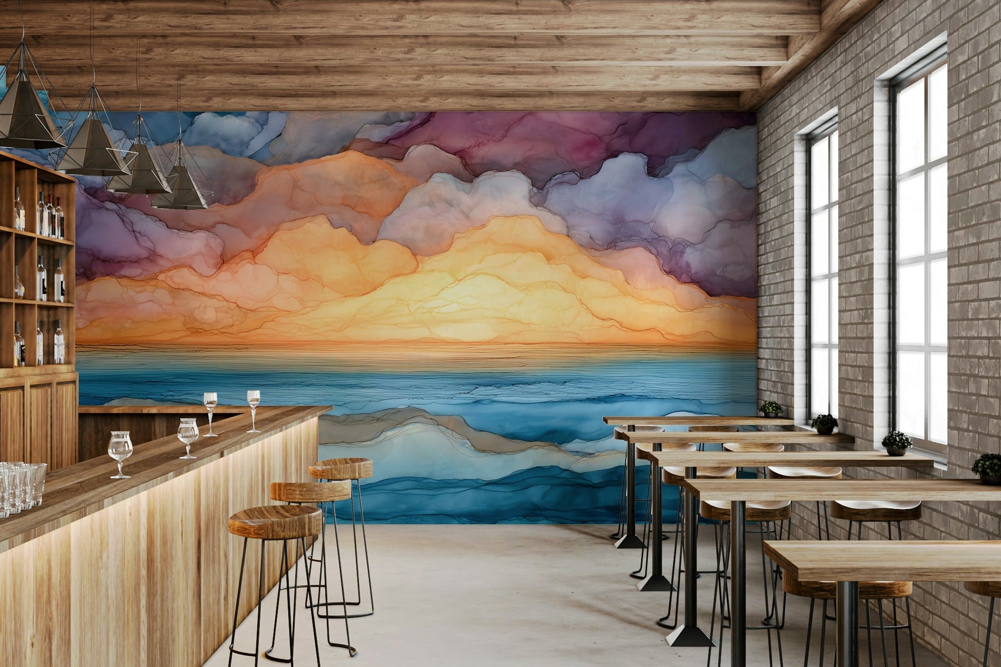 Fluid landscape wall mural with sunset hues
