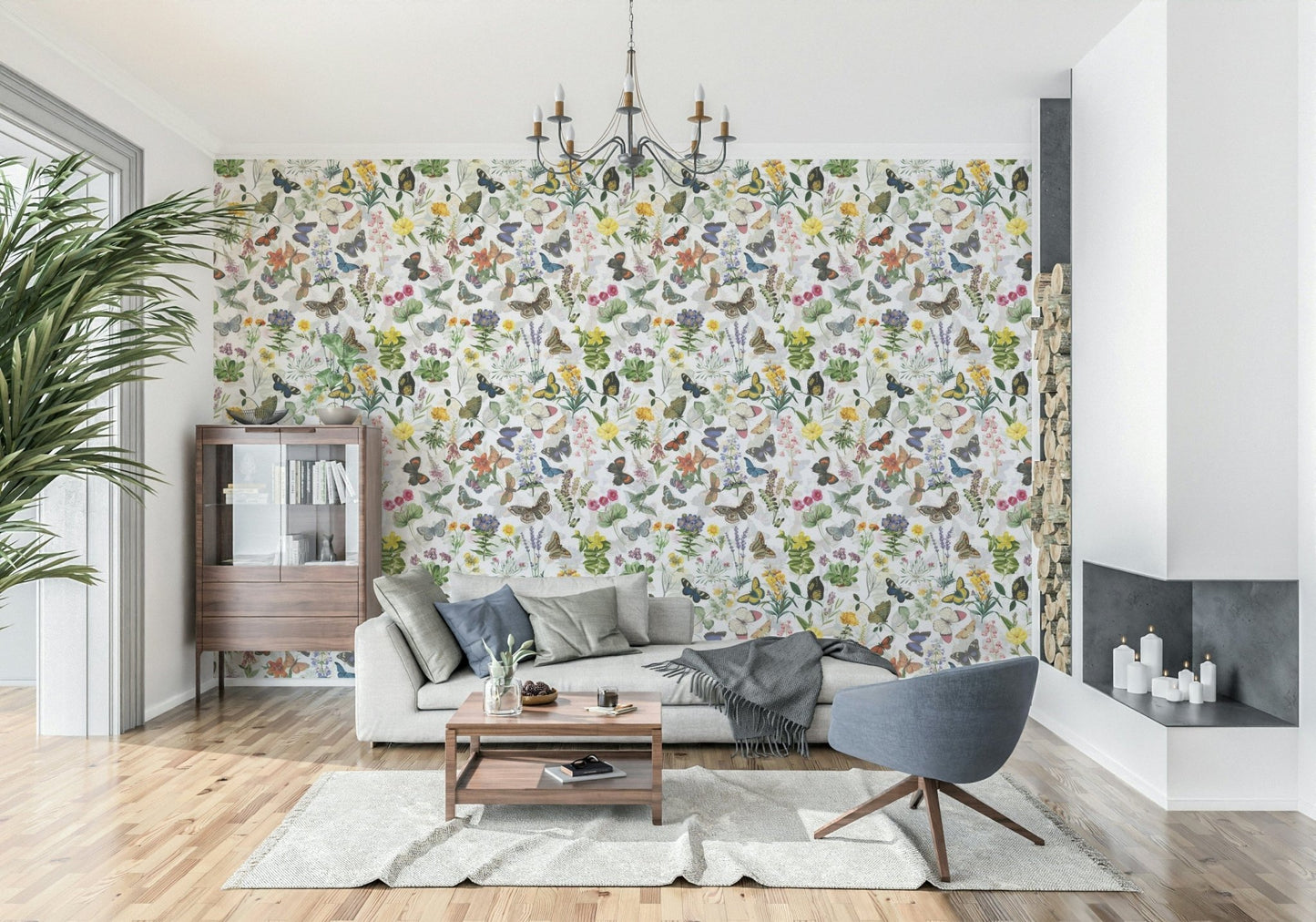 Delicate wildflower pattern Fluttering Blooms wallpaper featuring yellow blooms.