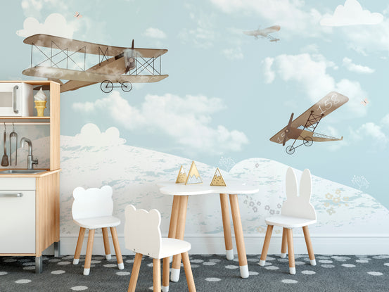 Flying Airplanes in the Sky wallpaper mural shown as a full feature wall that highlights the design