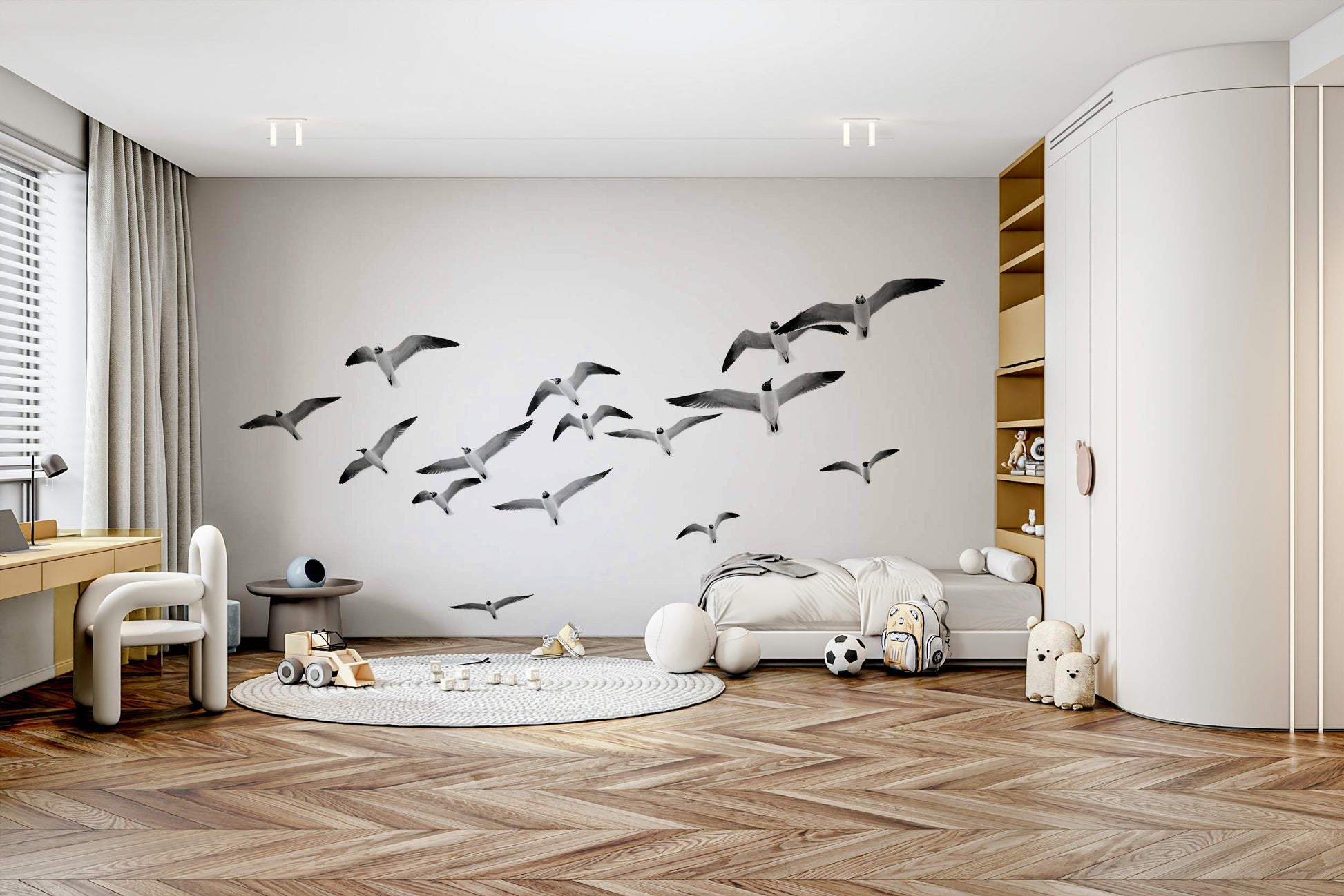 Horizontal Flying Birds wall mural capturing the beauty of flight.

