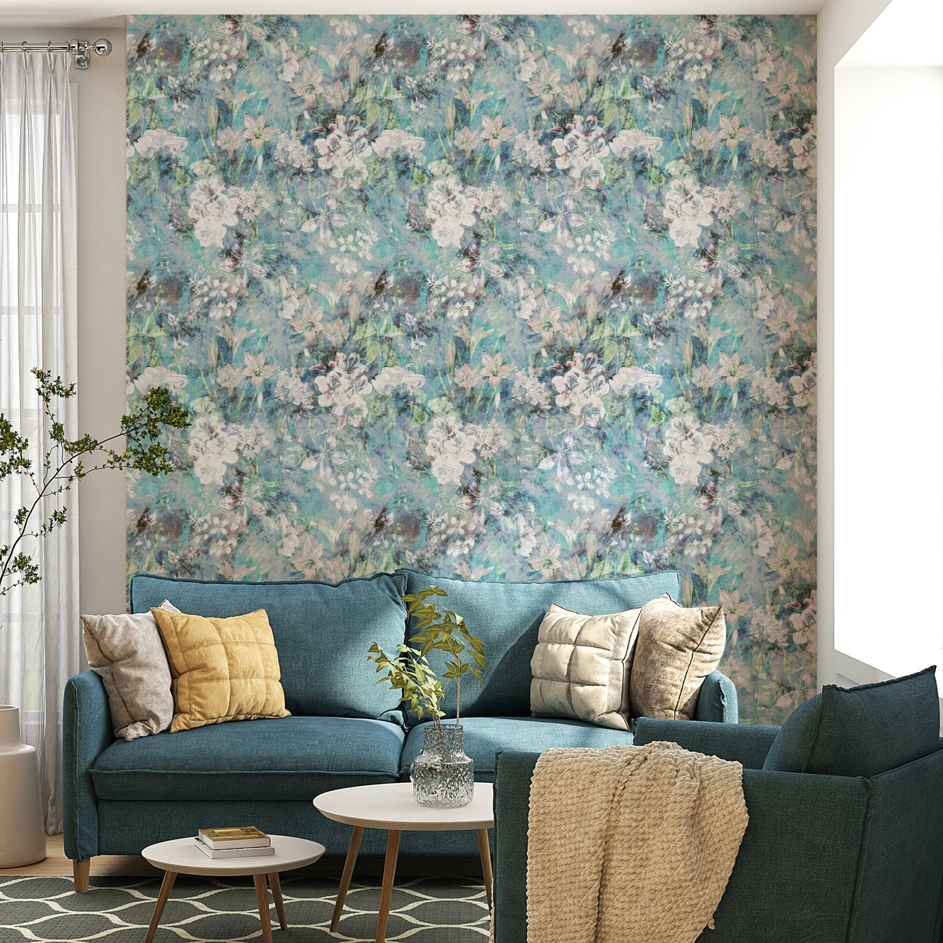 Foggy Floral Wallpaper used as a feature wall in a minimalist dining area.