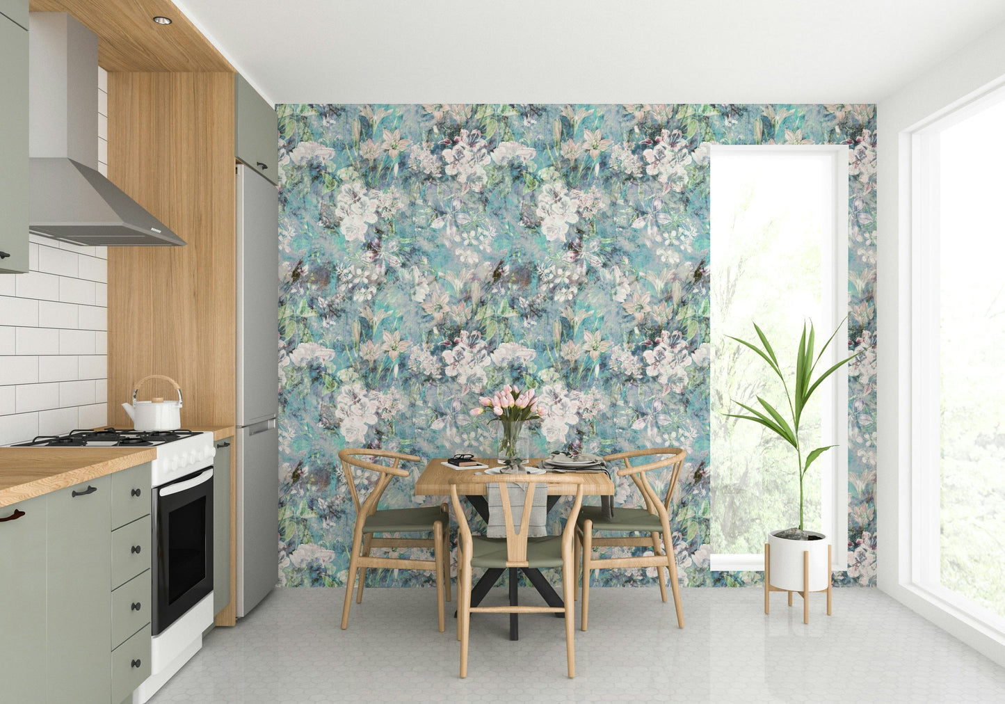 Detailed watercolor flowers on Foggy Floral Wallpaper for a cozy reading nook.