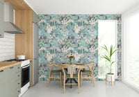 Detailed watercolor flowers on Foggy Floral Wallpaper for a cozy reading nook.