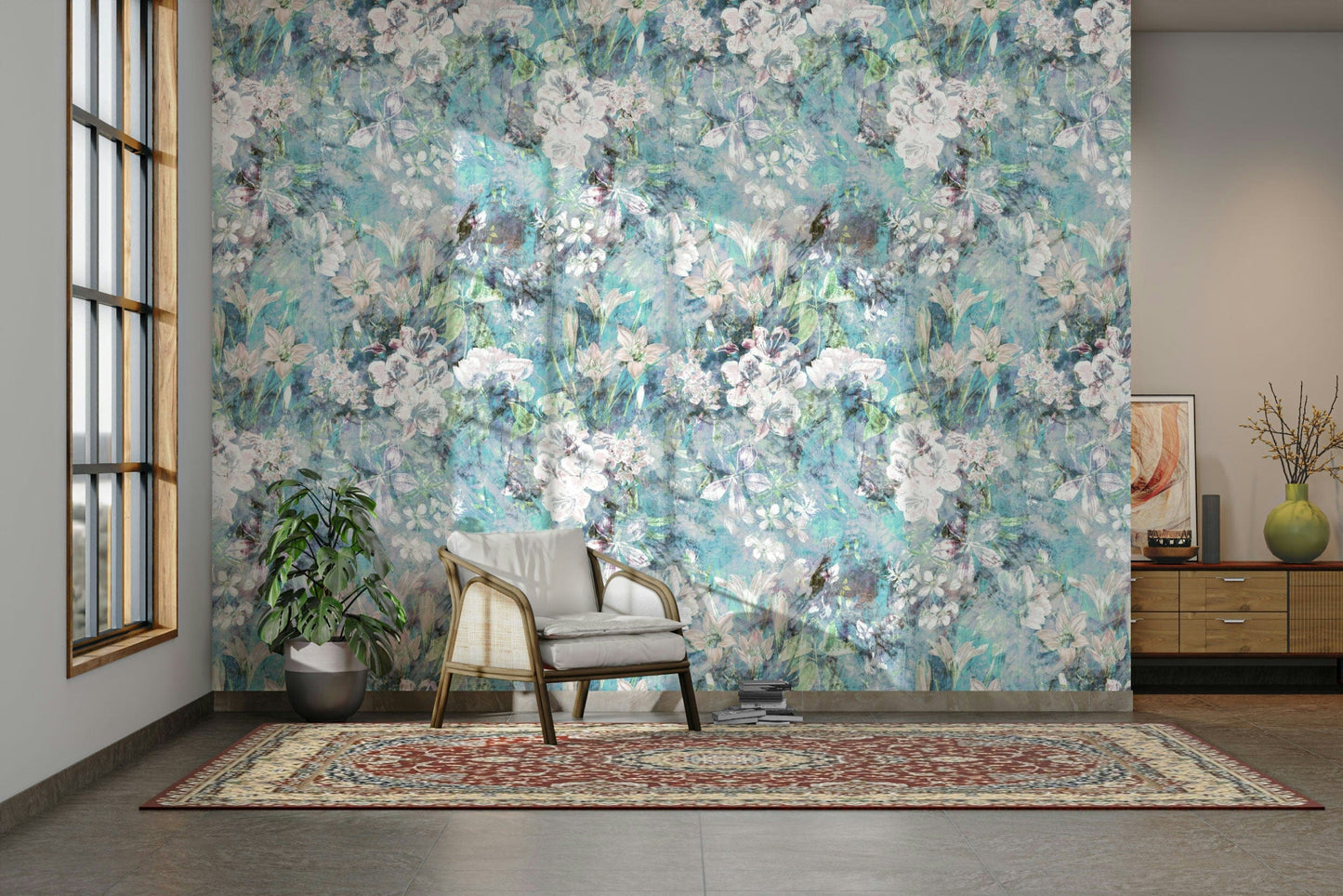 Large scale floral wall decor in a modern entryway with wooden accents.