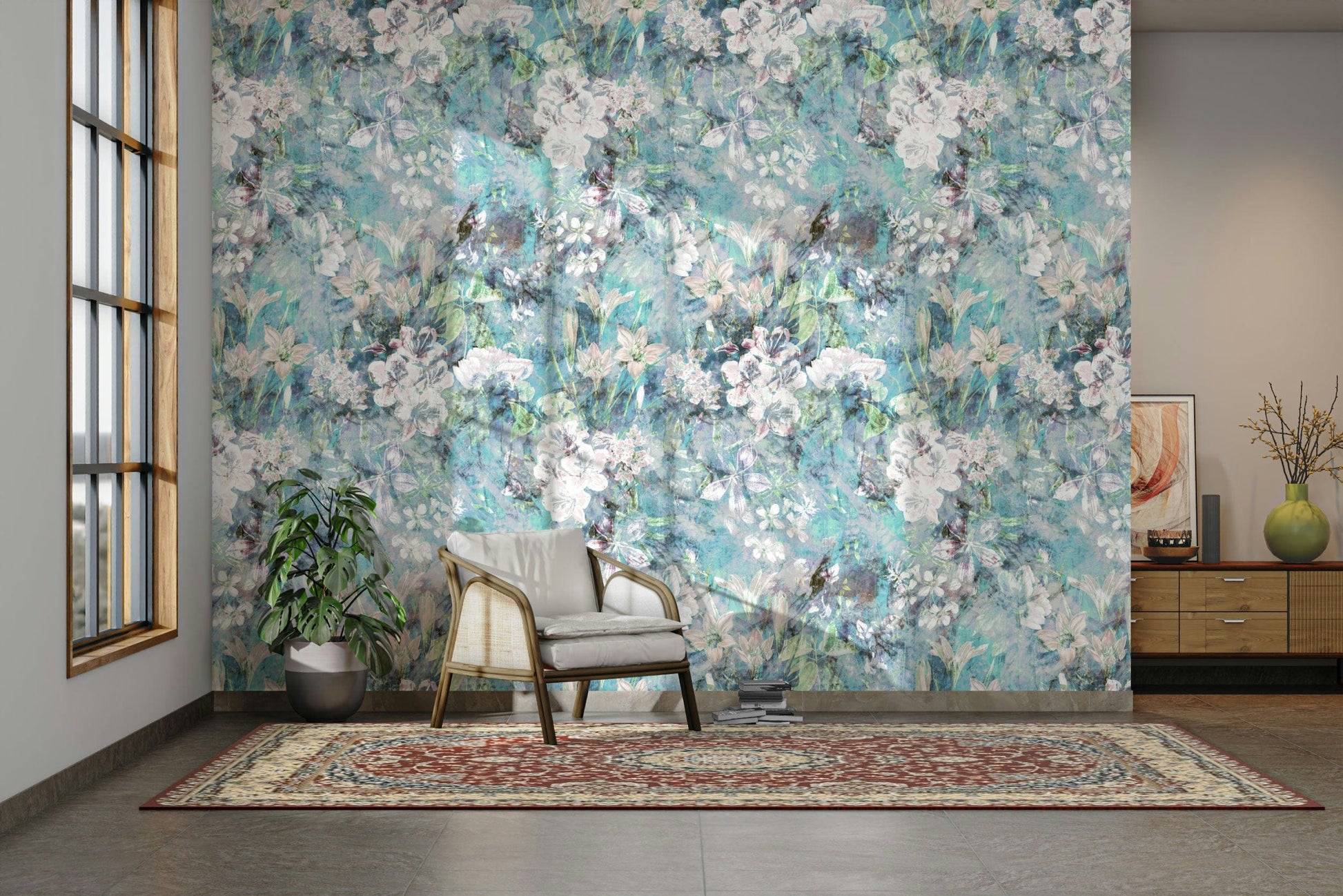 Large scale floral wall decor in a modern entryway with wooden accents.