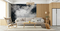 Woodland Flock in Fog wall art, hazy canopy, mysterious atmosphere, design.
