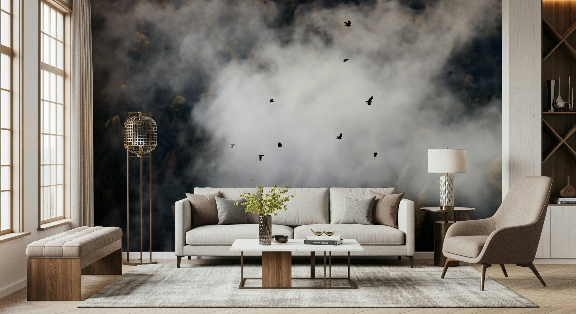 Forest wallpaper for walls, ethereal fog, birds soaring, spooky ambiance.
