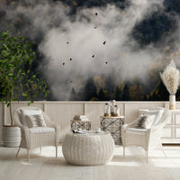 Woodland Flock in Fog wallpaper, dark forest, mystical birds flying.