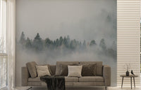 Mysterious foggy pine forest wallpaper mural
