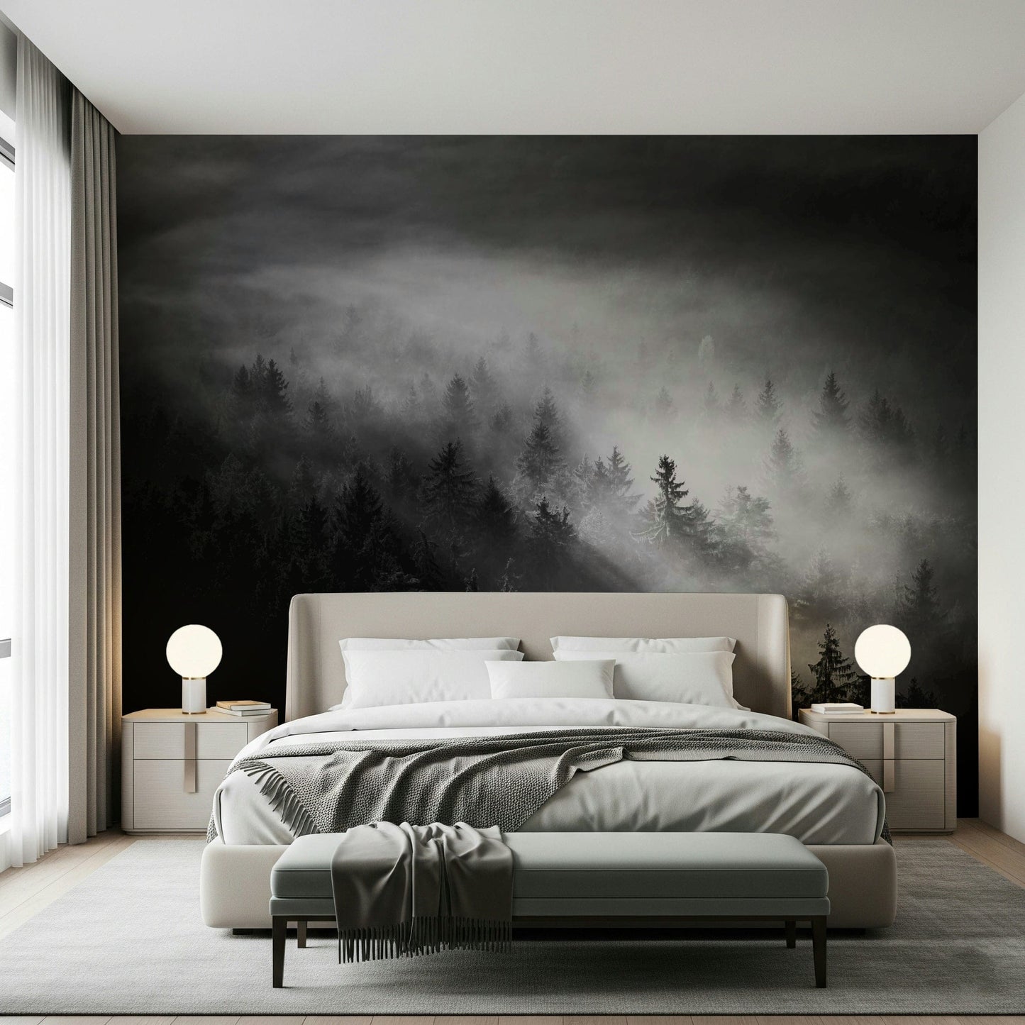 Shining fog over evergreens, high contrast, spectacular Foggy Forest Woodland feature wall.