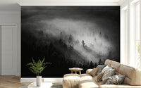 Pine trees shrouded in fog, dark mysterious landscape, Foggy Forest Woodland piece.