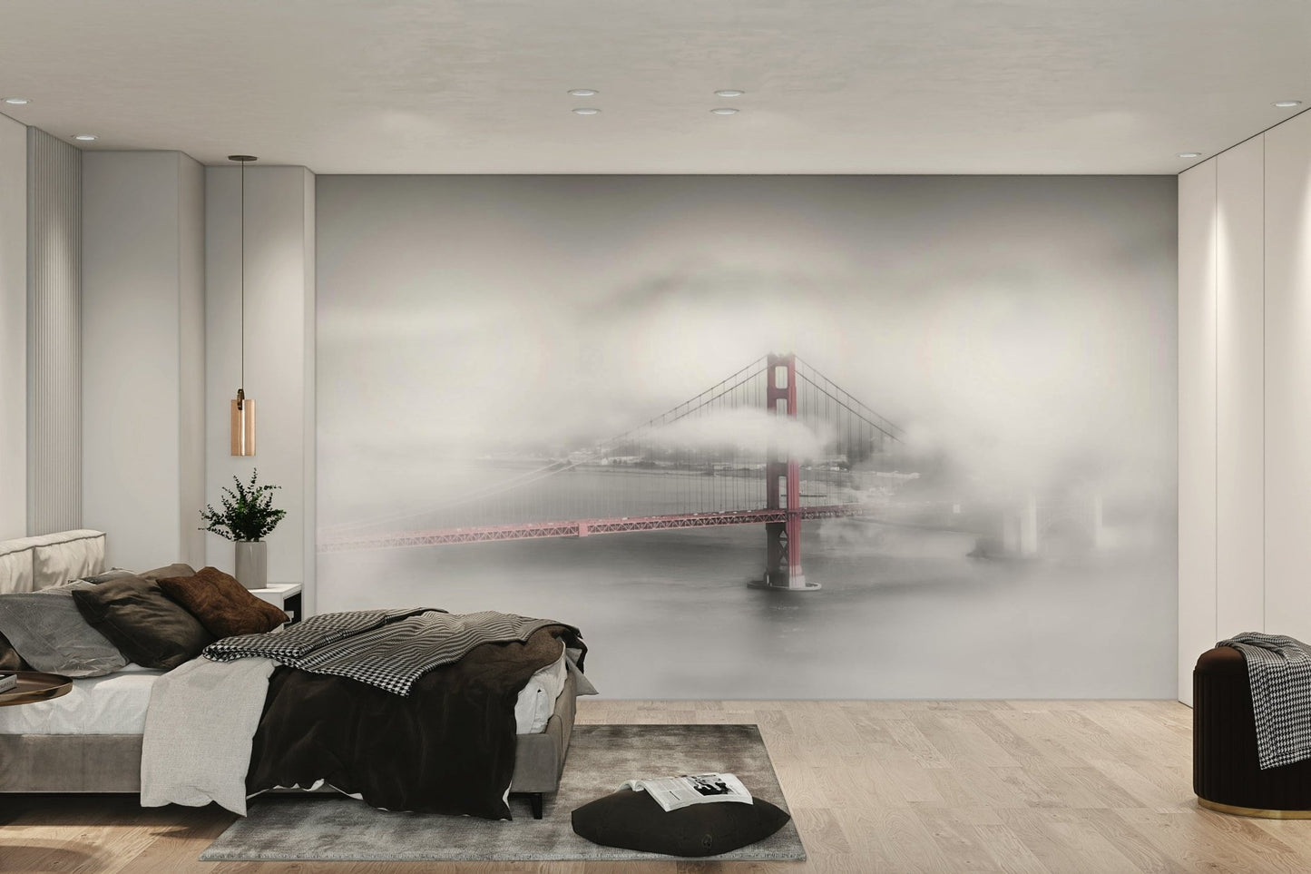 Colorkey wall mural featuring Golden Gate Bridge in fog.

