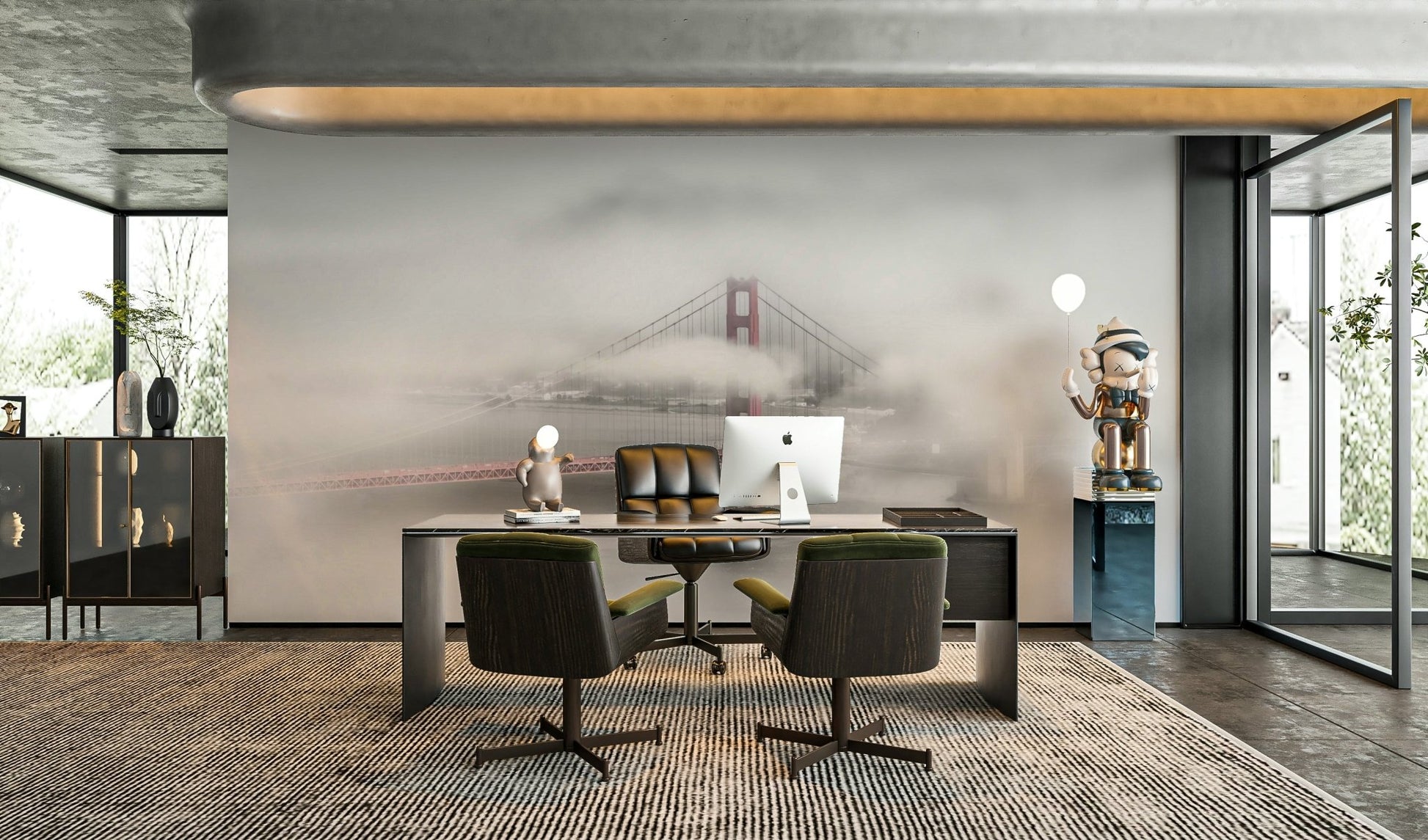 Mysterious fog surrounding Golden Gate Bridge in mural.

